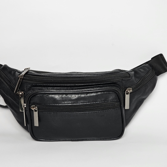 Vintage Black Leather Waist Bag with Adjustable Nylon Belt, Push Buckle, EUC - Picture 4 of 8